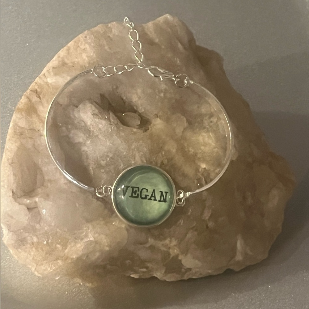 Sage Green & Silver Adjustable Bracelet w/ A Glass "Vegan" Statement Pendant~New